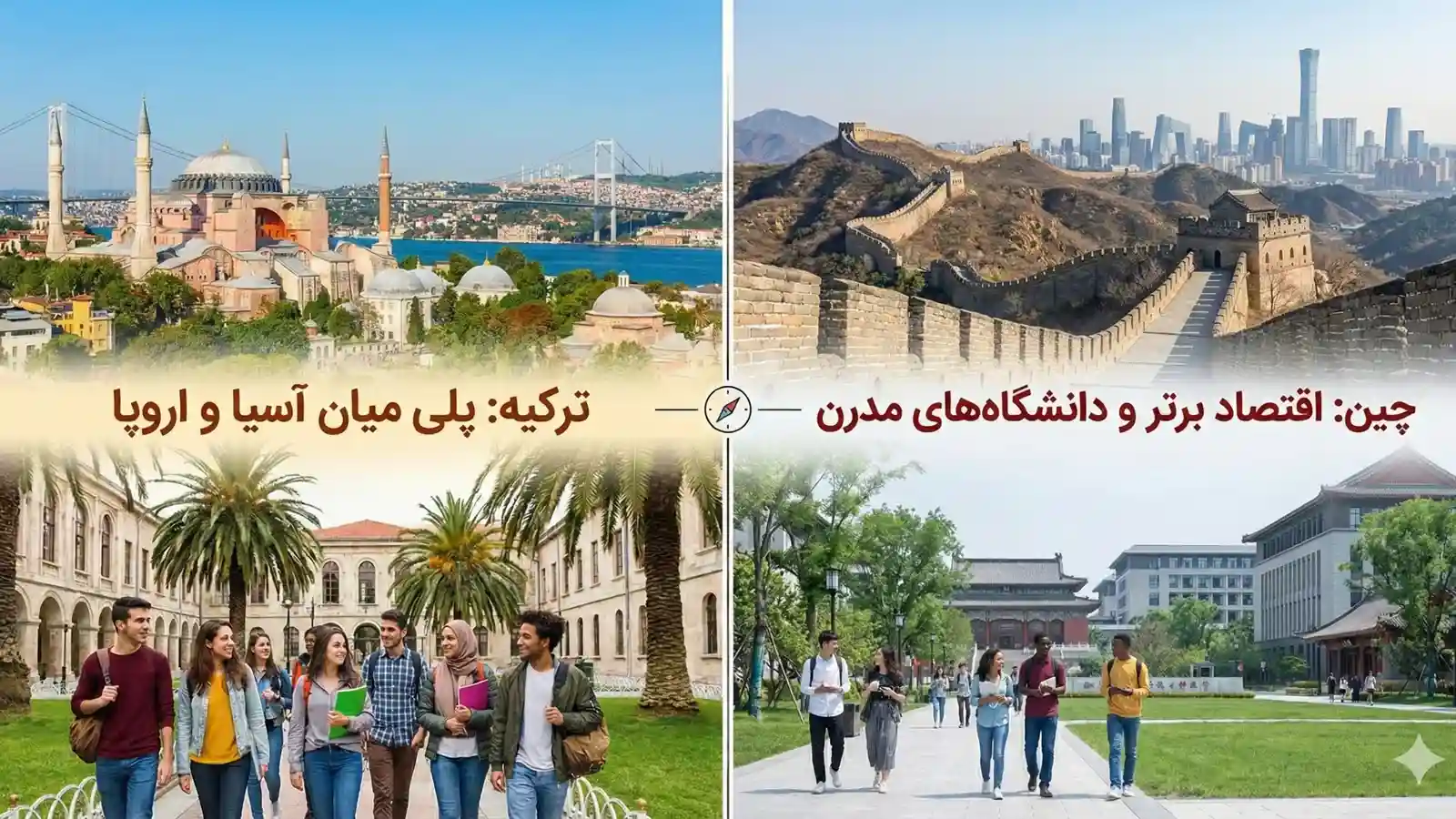 تصویر مقایسهای جاذبههای شهری و محیط دانشگاهی ترکیه (استانبول) و چین (پکن) برای تحصیل و مهاجرت با هزینه کم